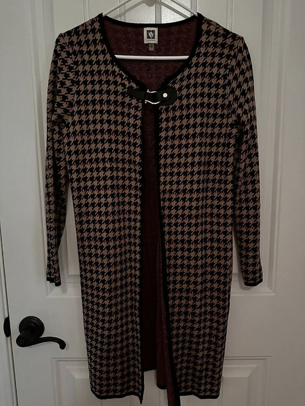 Anne Klein Houndstooth Long Cardigan Jacket, Black Tan Red, Women's Small